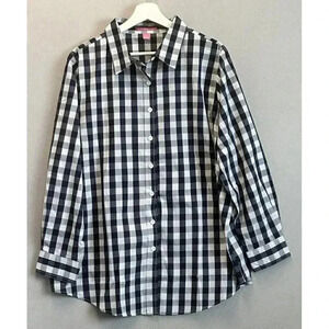 Woman Within Button Up Top Women's Size Large Black‎ Gingham Plaid 100% Cotton